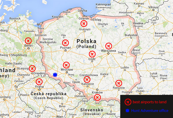 Carte des aéroports en Pologne et à l'étranger pour les chasseurs